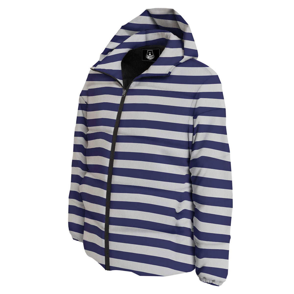Striped White And Navy Print Pattern Down Jacket-grizzshop