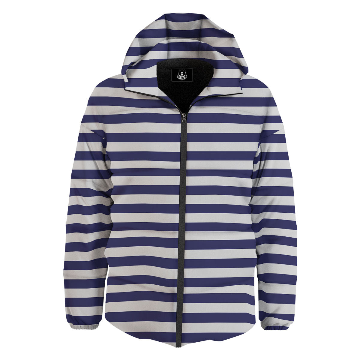 Striped White And Navy Print Pattern Down Jacket-grizzshop
