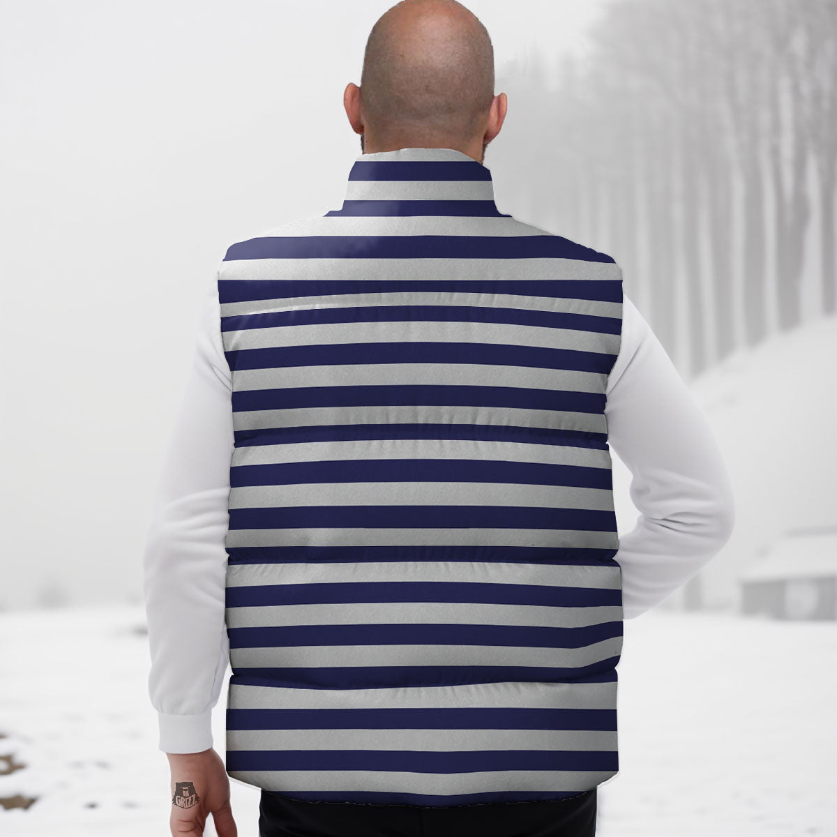 Striped White And Navy Print Pattern Down Vest