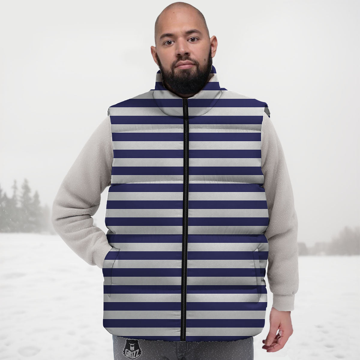 Striped White And Navy Print Pattern Down Vest