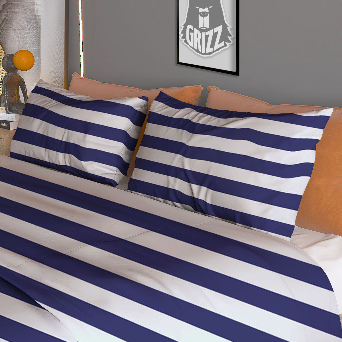 Striped White And Navy Print Pattern Duvet Cover Bedding Set