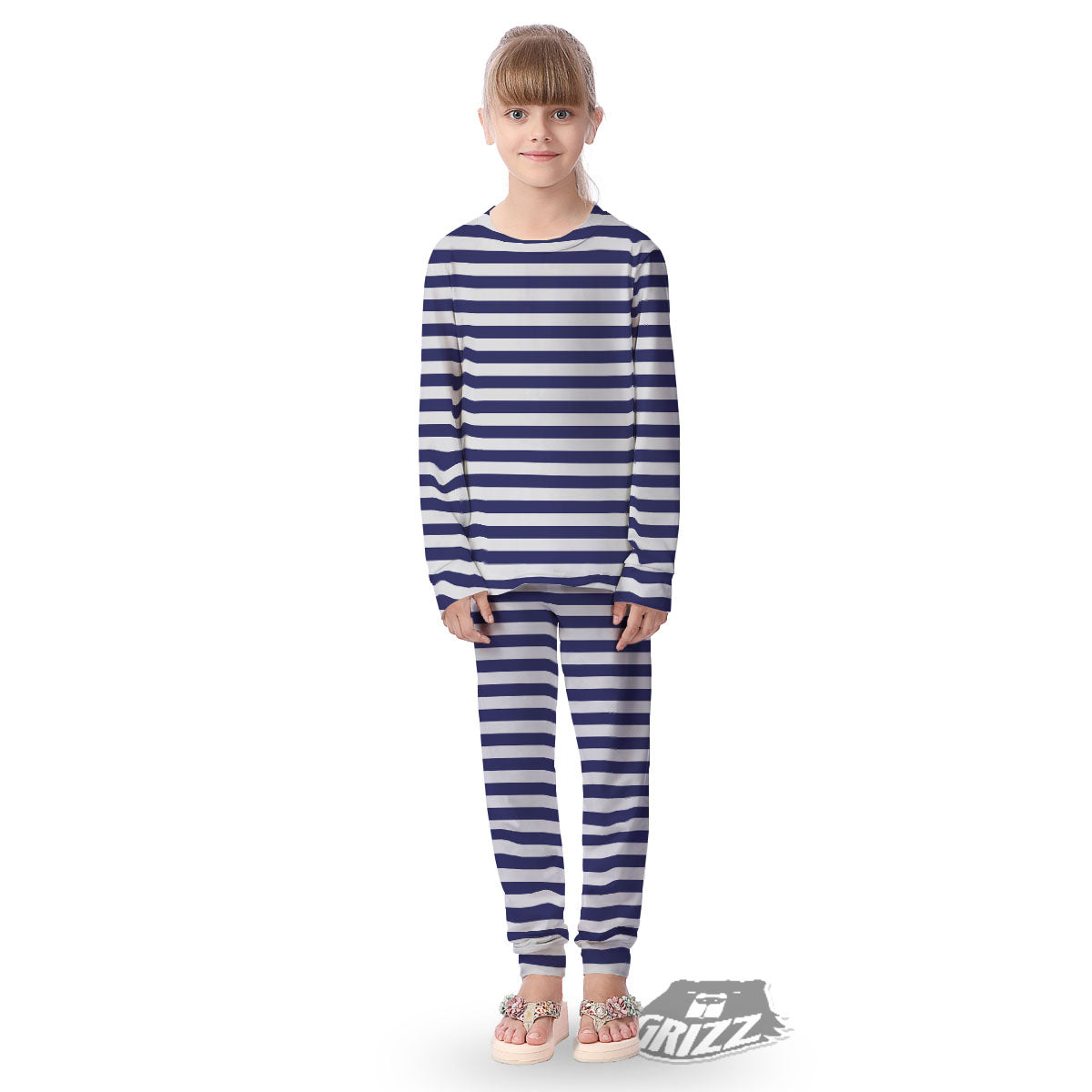 Striped White And Navy Print Pattern Kid's Pajamas-grizzshop
