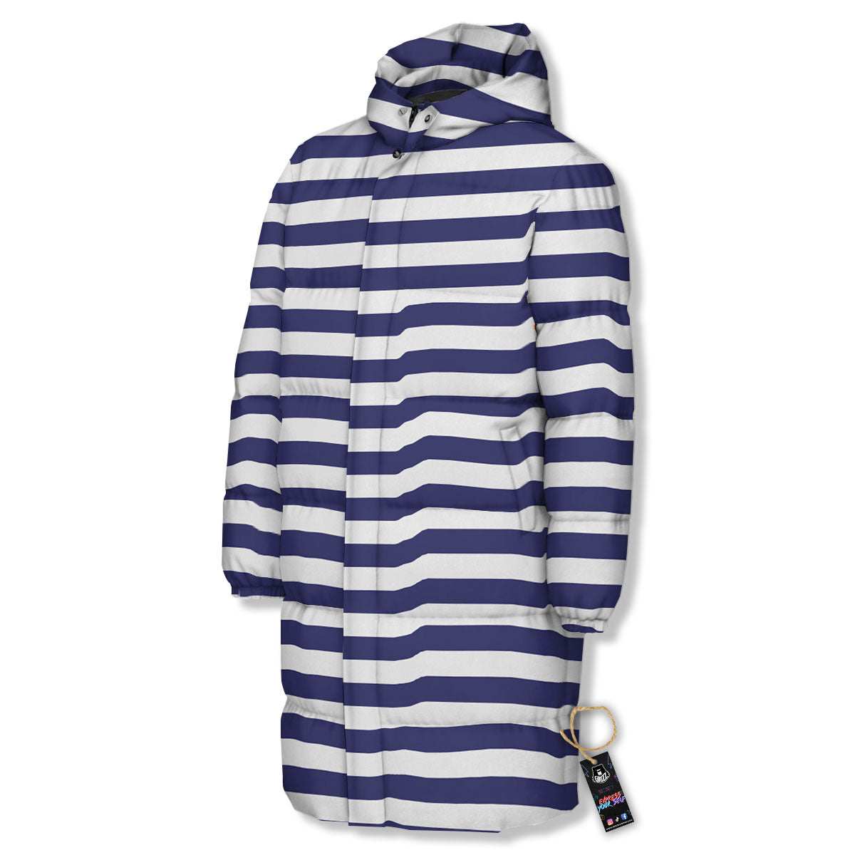 Striped White And Navy Print Pattern Long Down Jacket-grizzshop