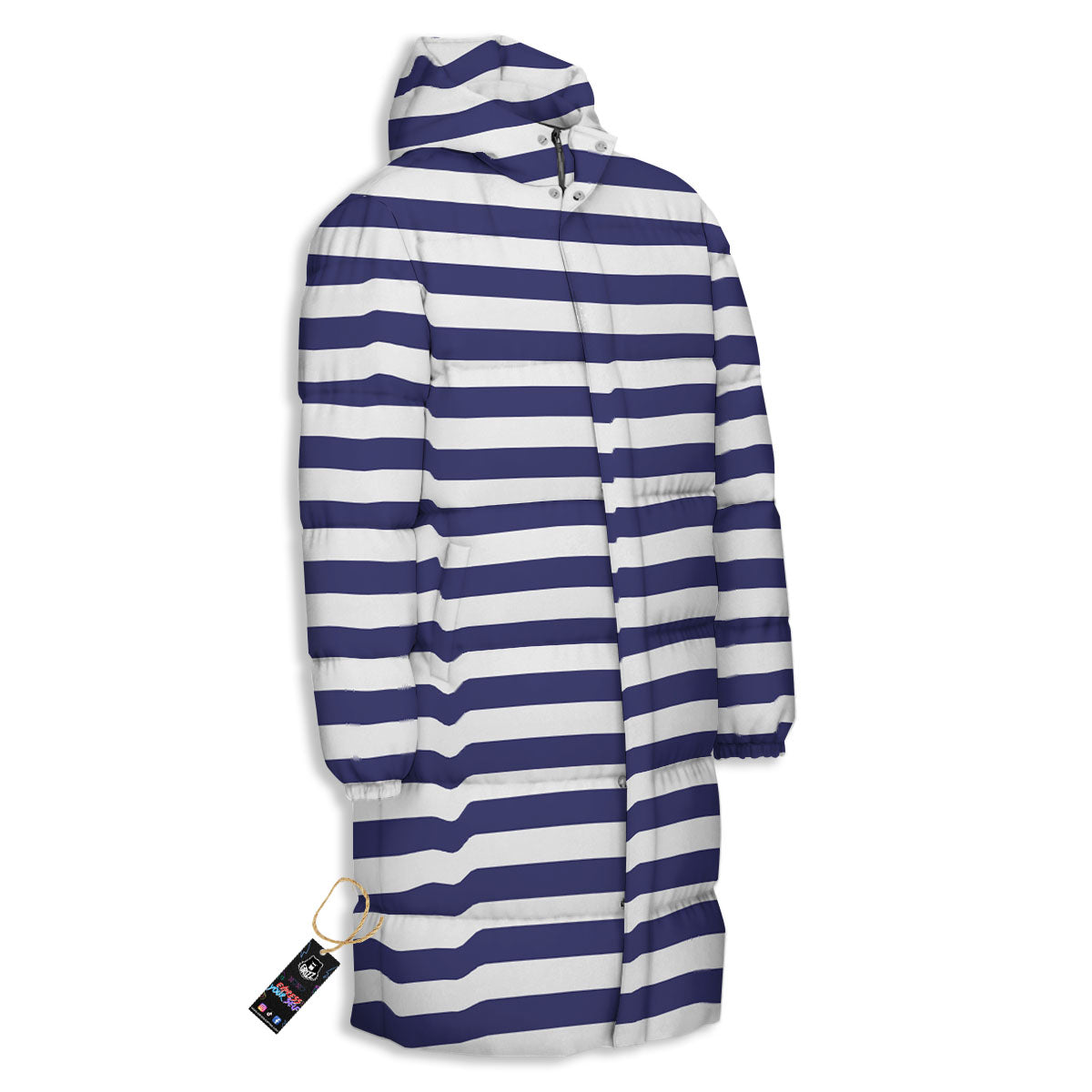 Striped White And Navy Print Pattern Long Down Jacket-grizzshop