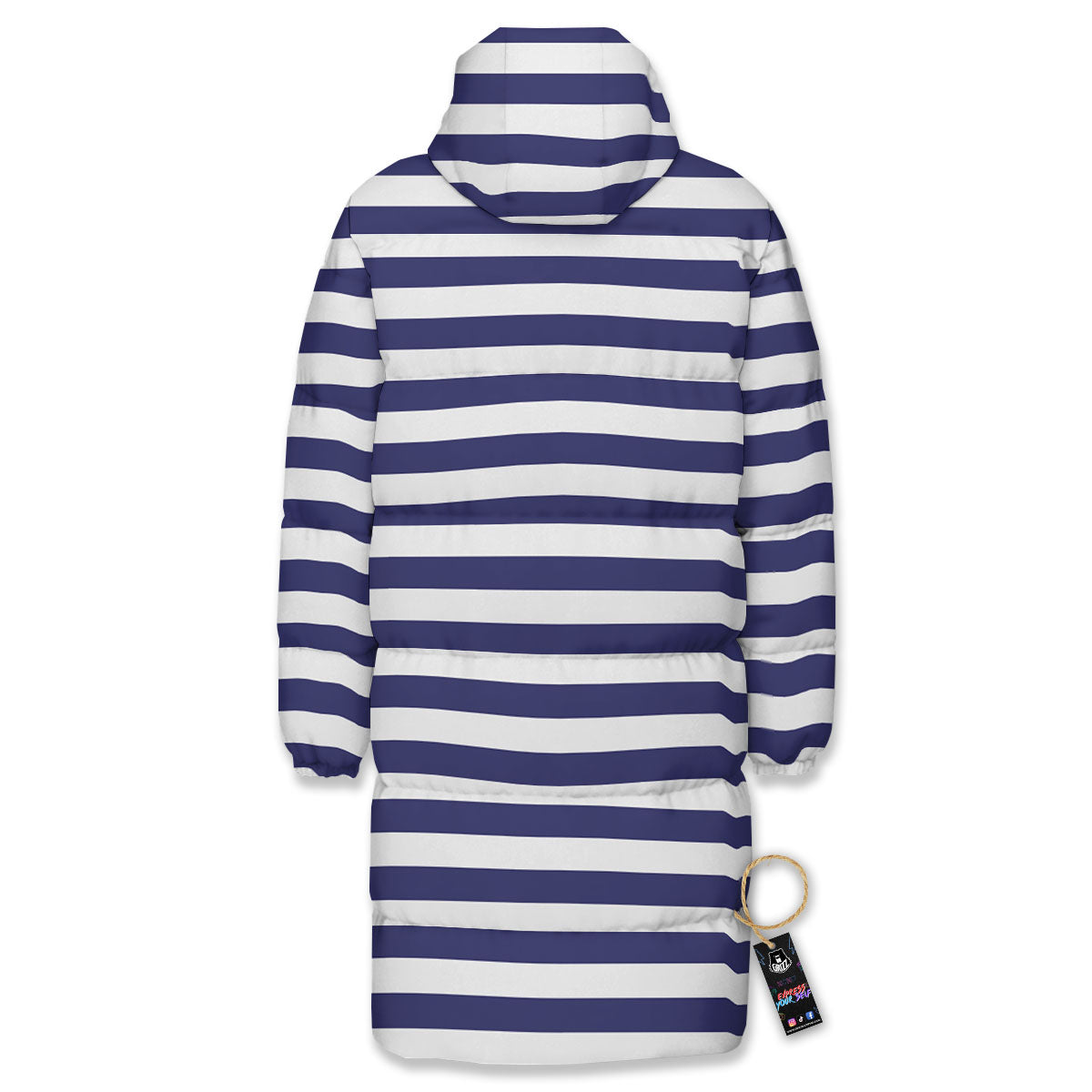Striped White And Navy Print Pattern Long Down Jacket-grizzshop