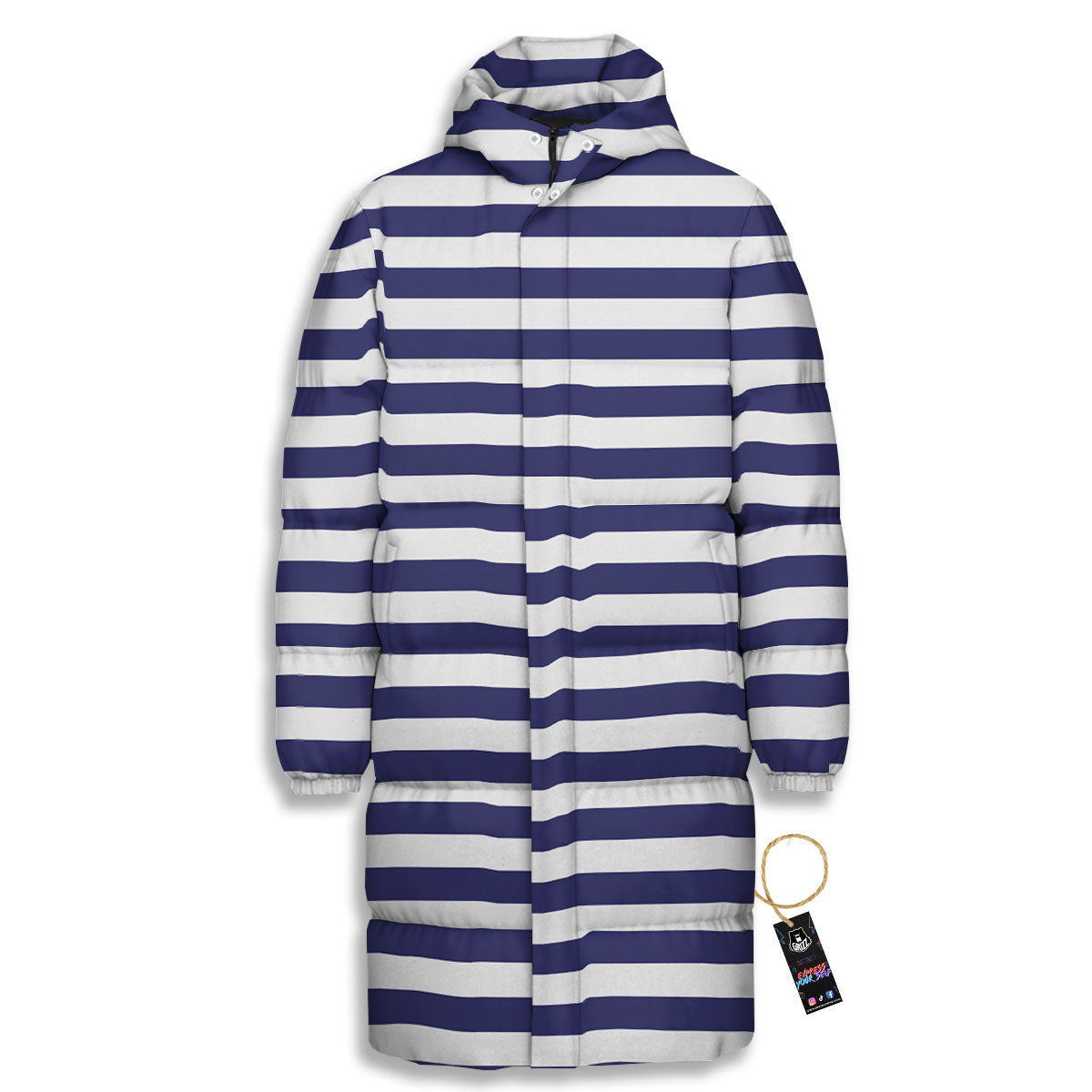 Striped White And Navy Print Pattern Long Down Jacket-grizzshop