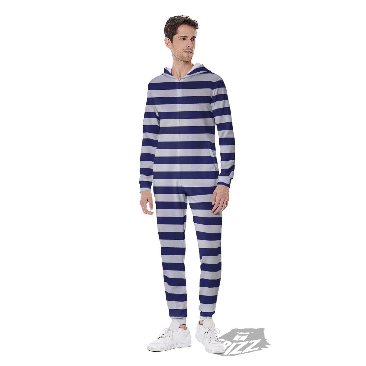 Striped White And Navy Print Pattern Men's Jumpsuit-grizzshop