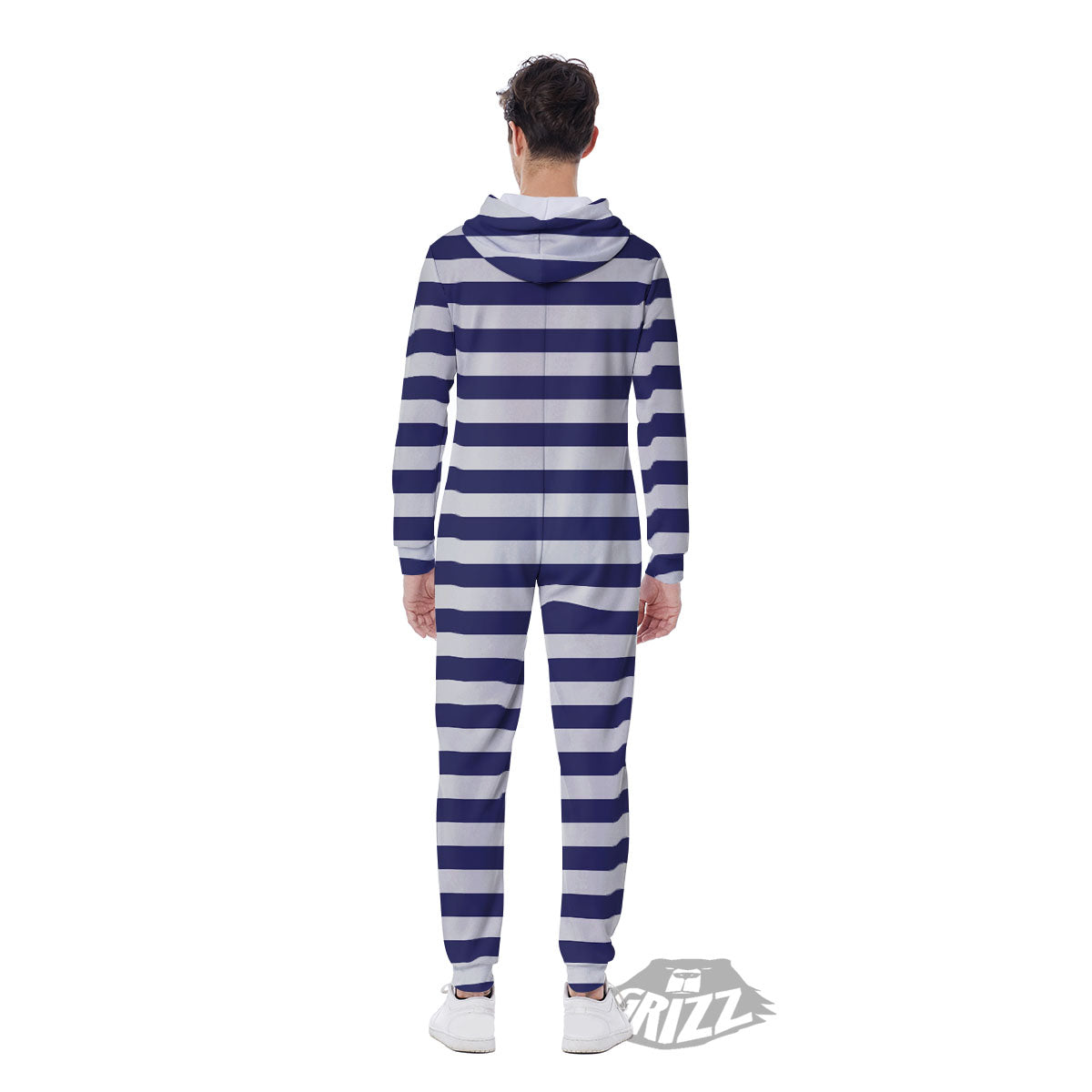 Striped White And Navy Print Pattern Men's Jumpsuit-grizzshop