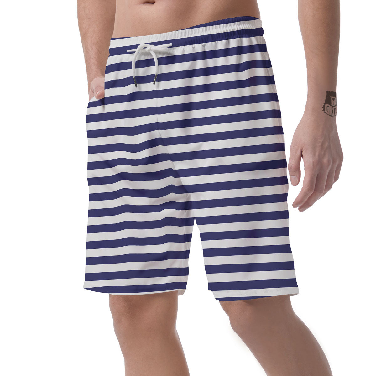 Striped White And Navy Print Pattern Men's Shorts-grizzshop