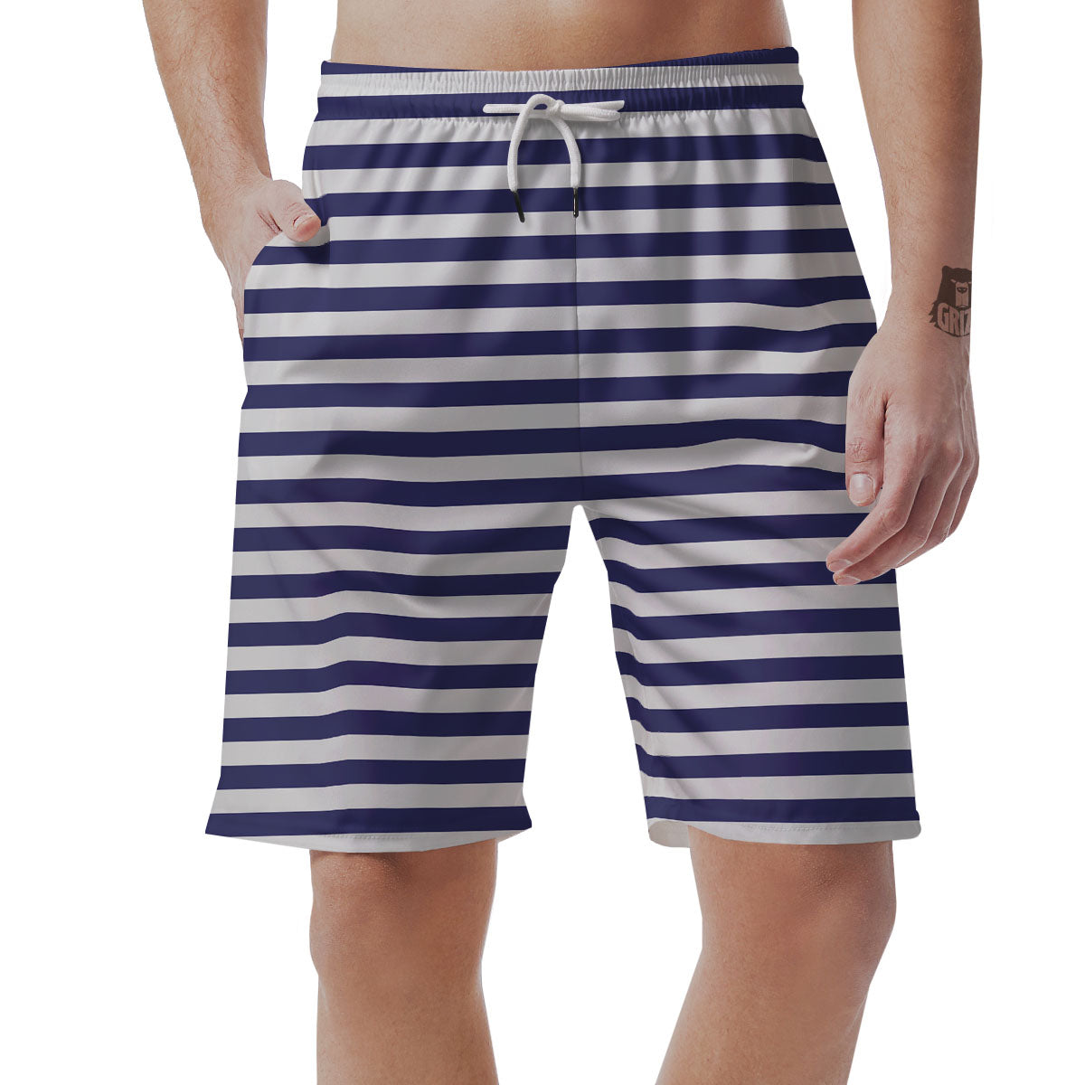 Striped White And Navy Print Pattern Men's Shorts-grizzshop