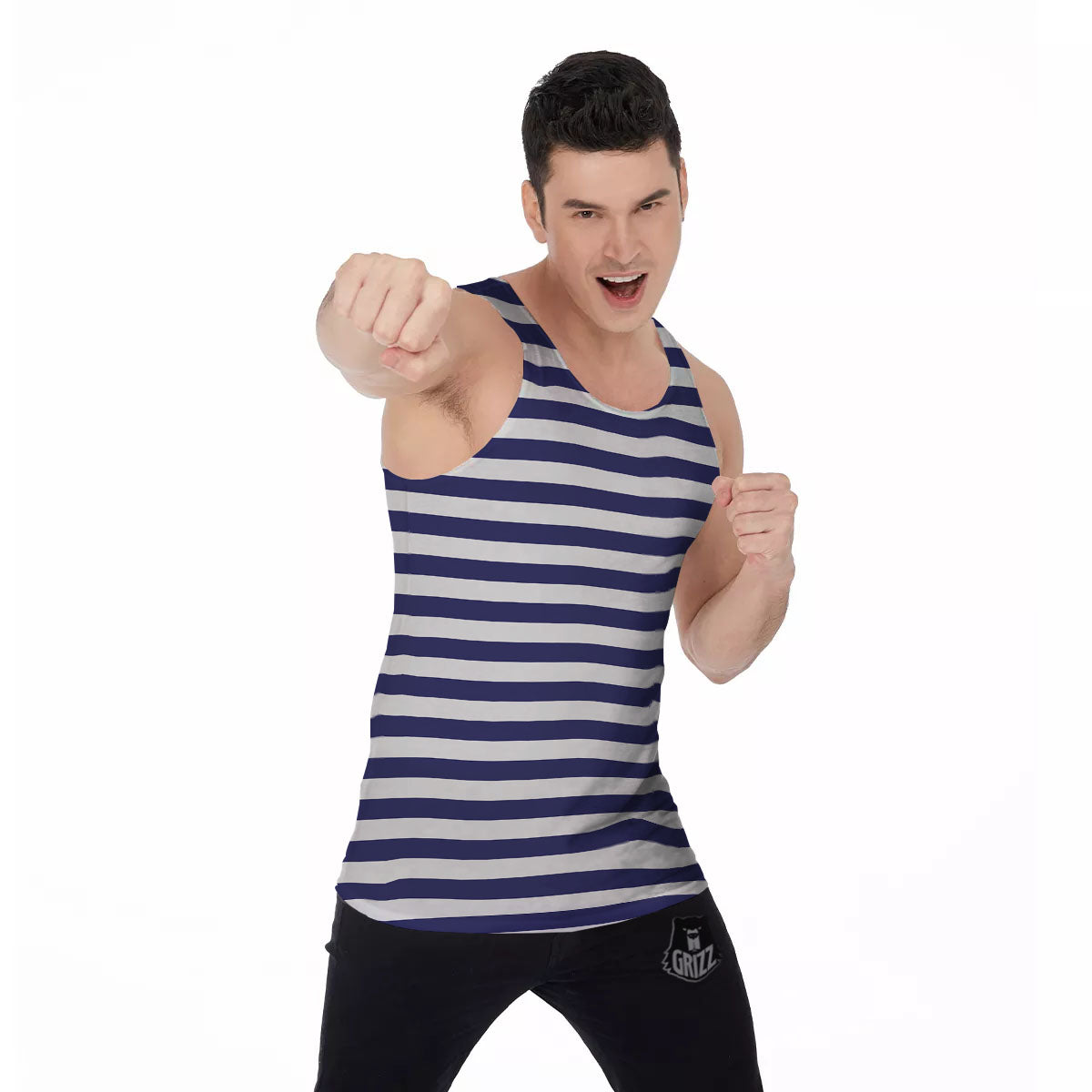 Striped White And Navy Print Pattern Men's Tank Top-grizzshop