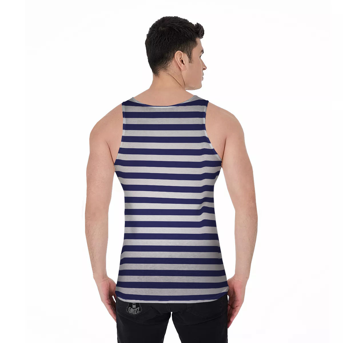 Striped White And Navy Print Pattern Men's Tank Top-grizzshop
