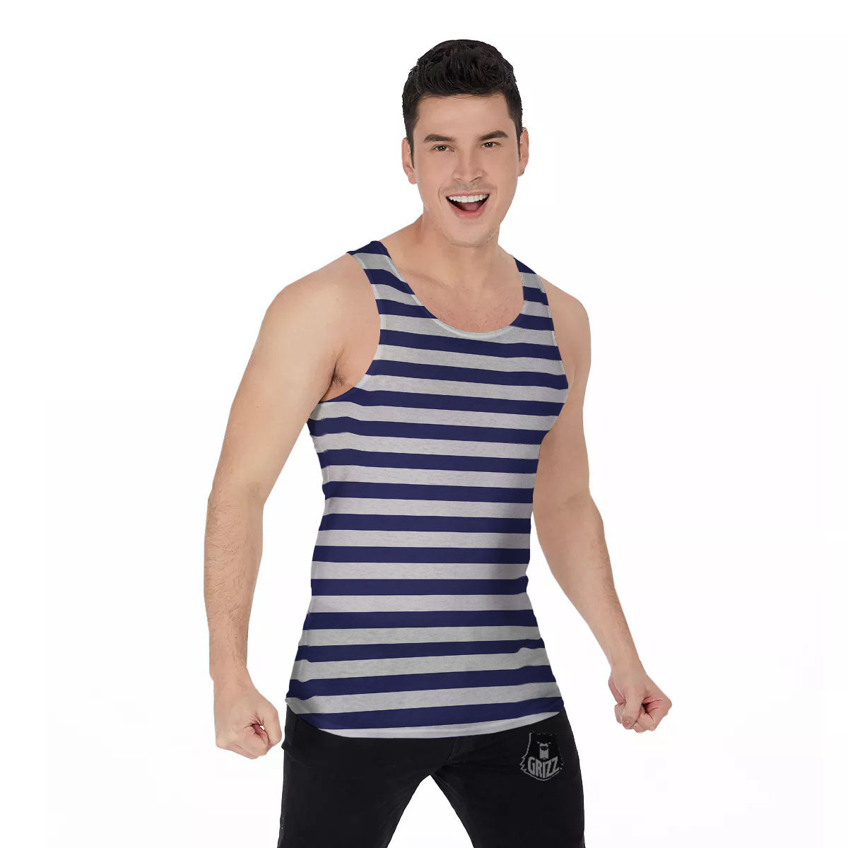 Striped White And Navy Print Pattern Men's Tank Top-grizzshop