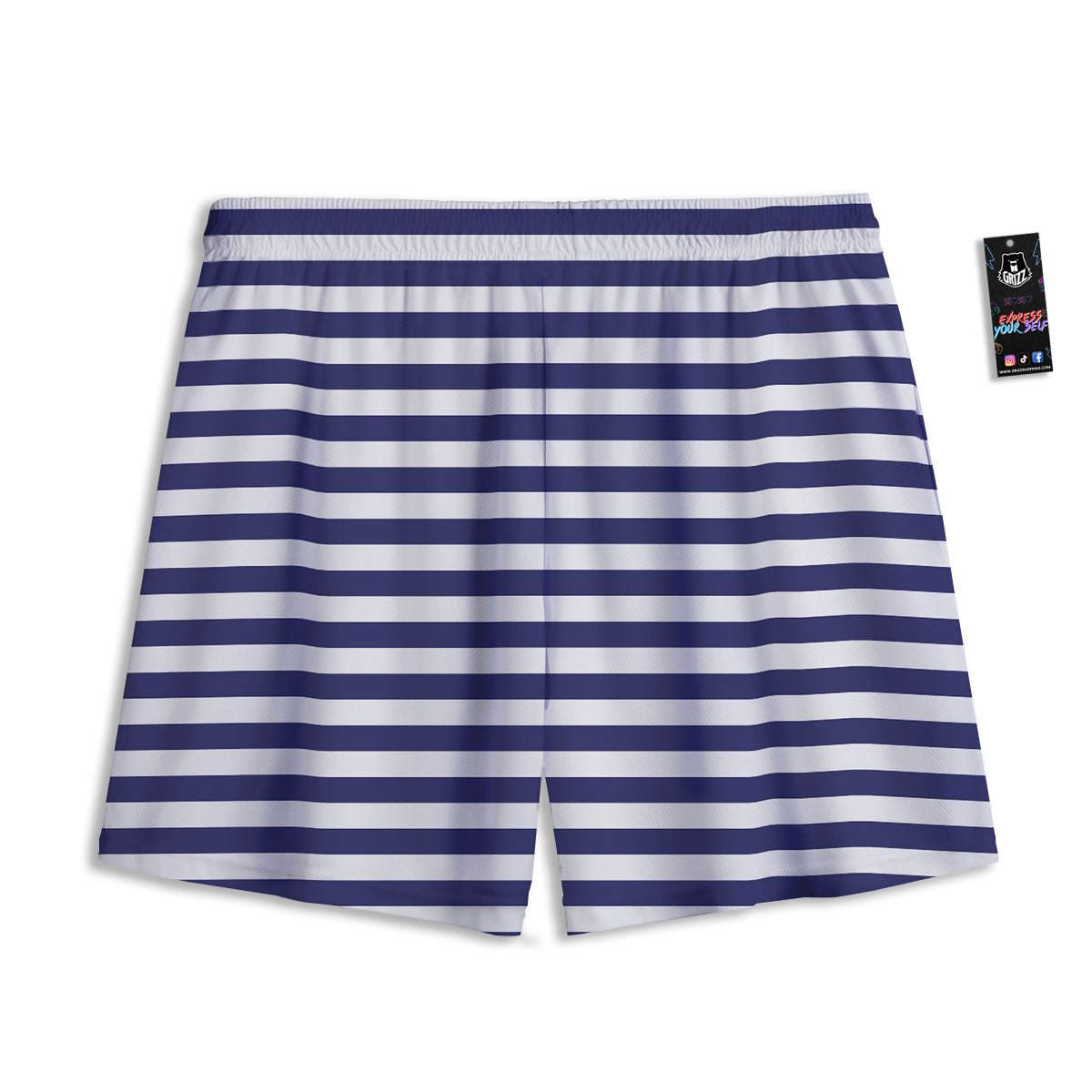 Striped White And Navy Print Pattern Mesh Shorts