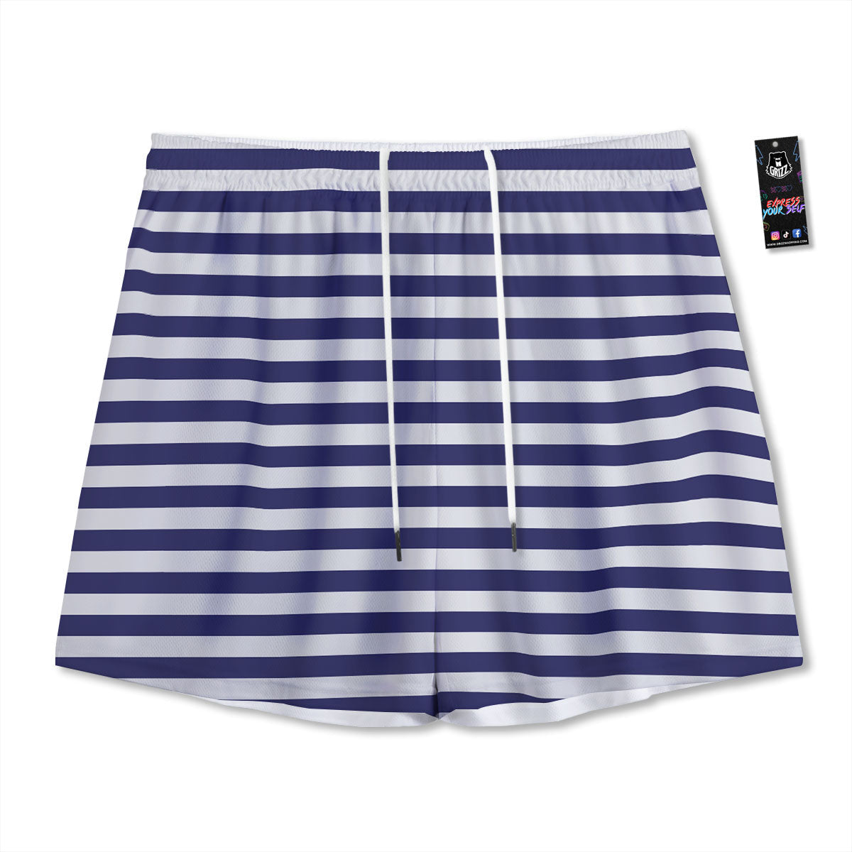 Striped White And Navy Print Pattern Mesh Shorts