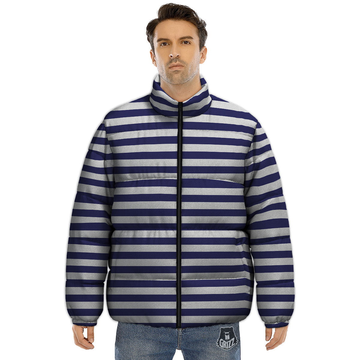 Striped White And Navy Print Pattern Puffer Jacket-grizzshop