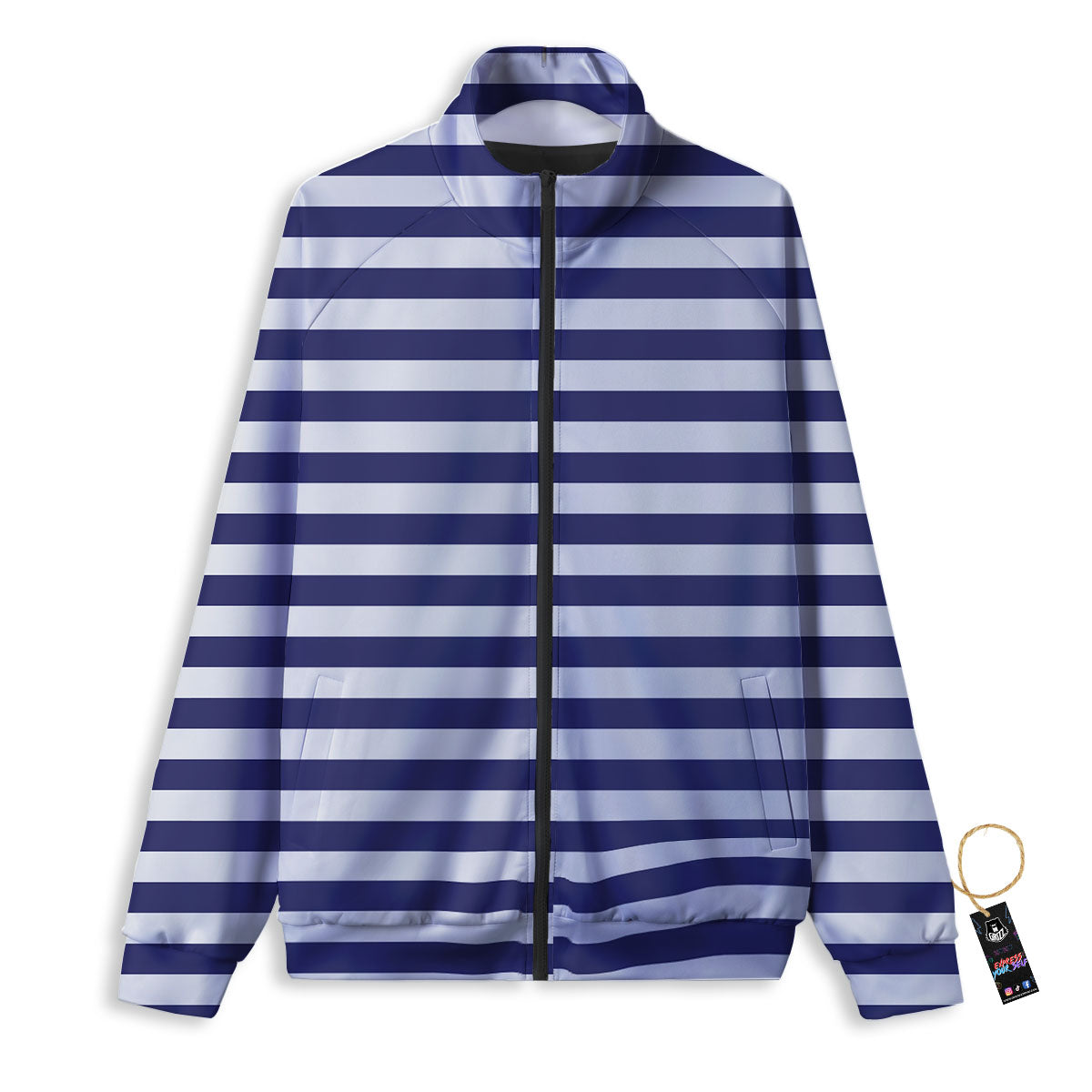 Striped White And Navy Print Pattern Track Jacket-grizzshop