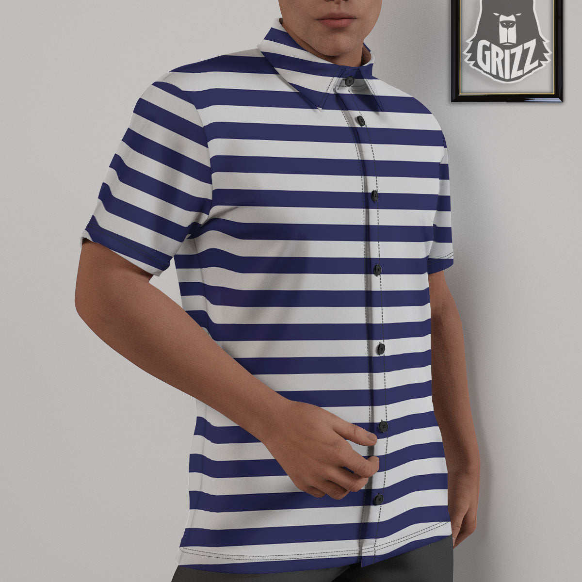 Striped White And Navy Print Pattern Untucked Shirts-grizzshop