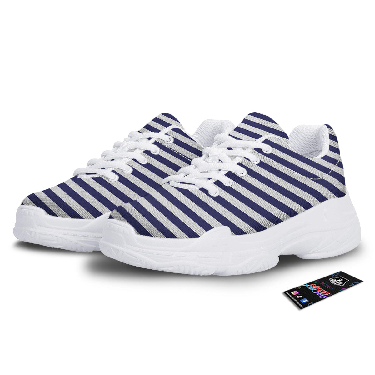 Striped White And Navy Print Pattern White Chunky Shoes-grizzshop