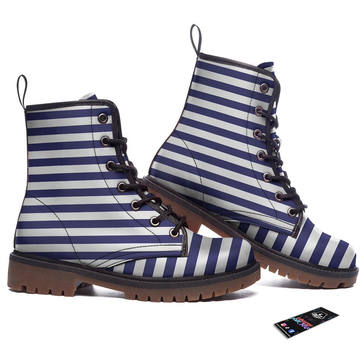 Striped White And Navy Print Pattern Work Boots-grizzshop