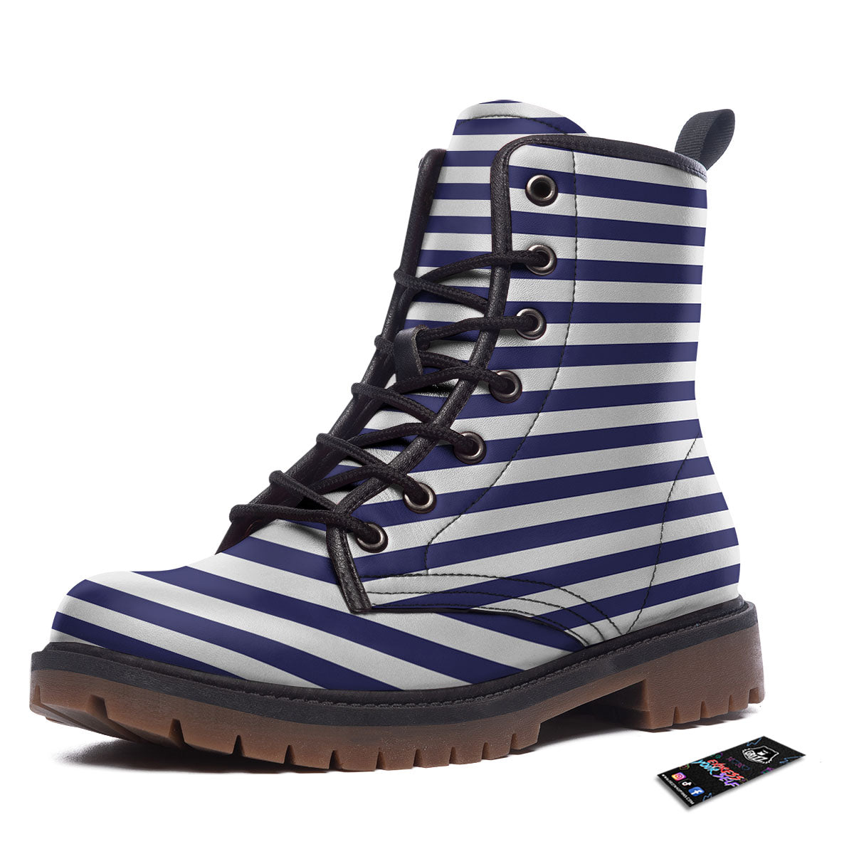 Striped White And Navy Print Pattern Work Boots-grizzshop
