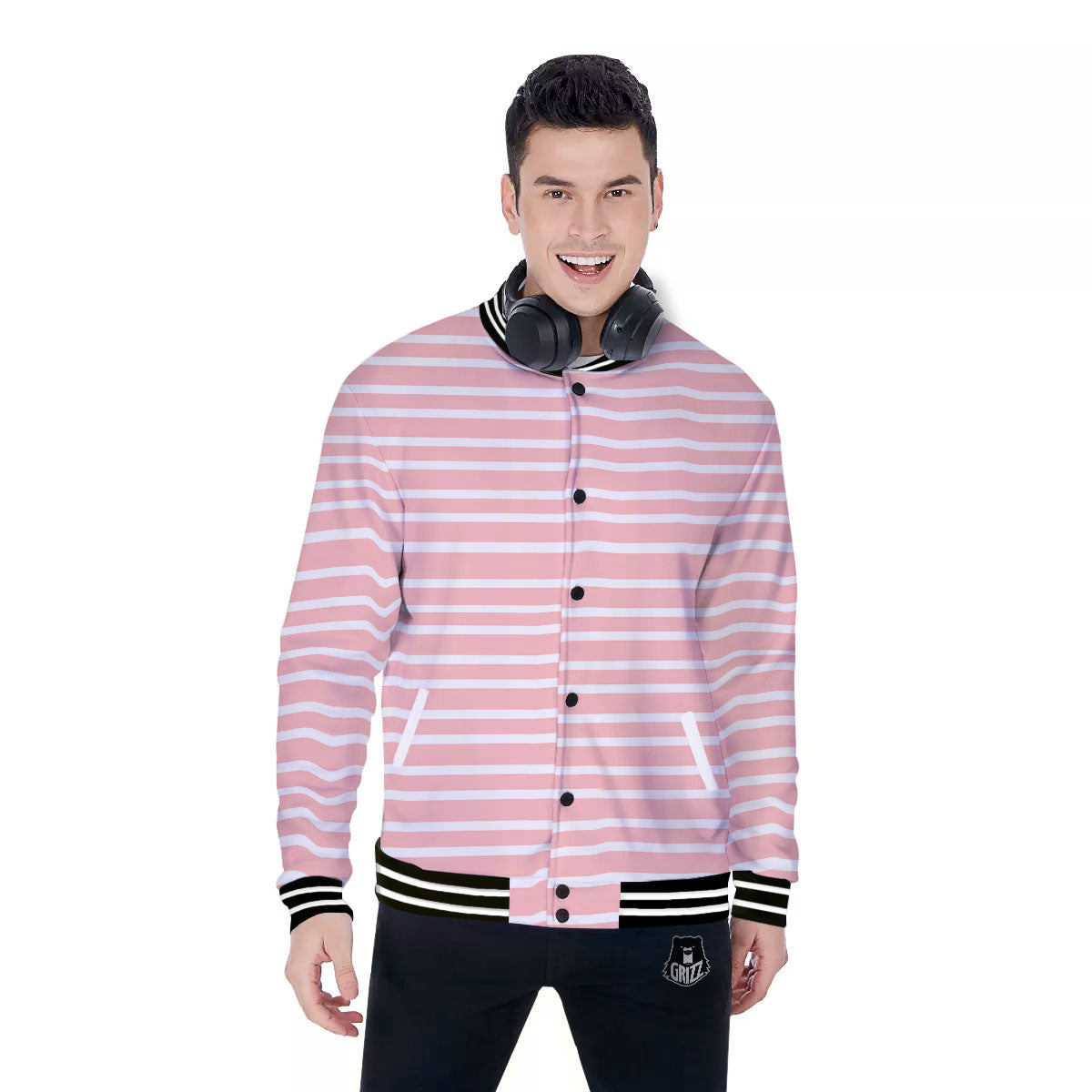 Striped White And Pink Print Pattern Baseball Jacket-grizzshop
