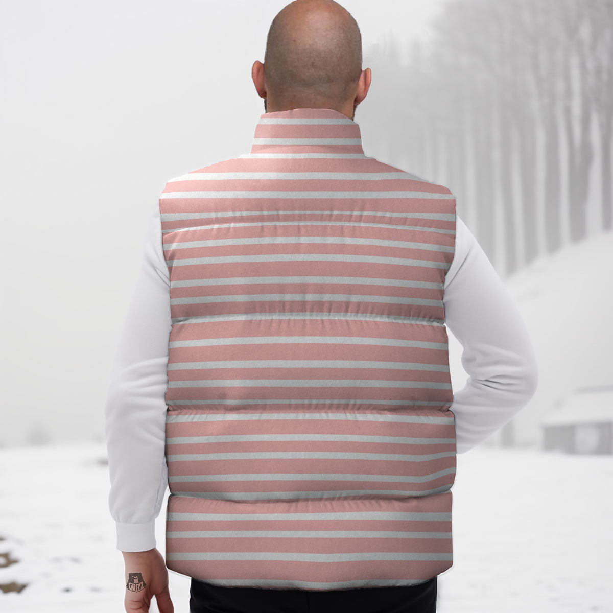 Striped White And Pink Print Pattern Down Vest