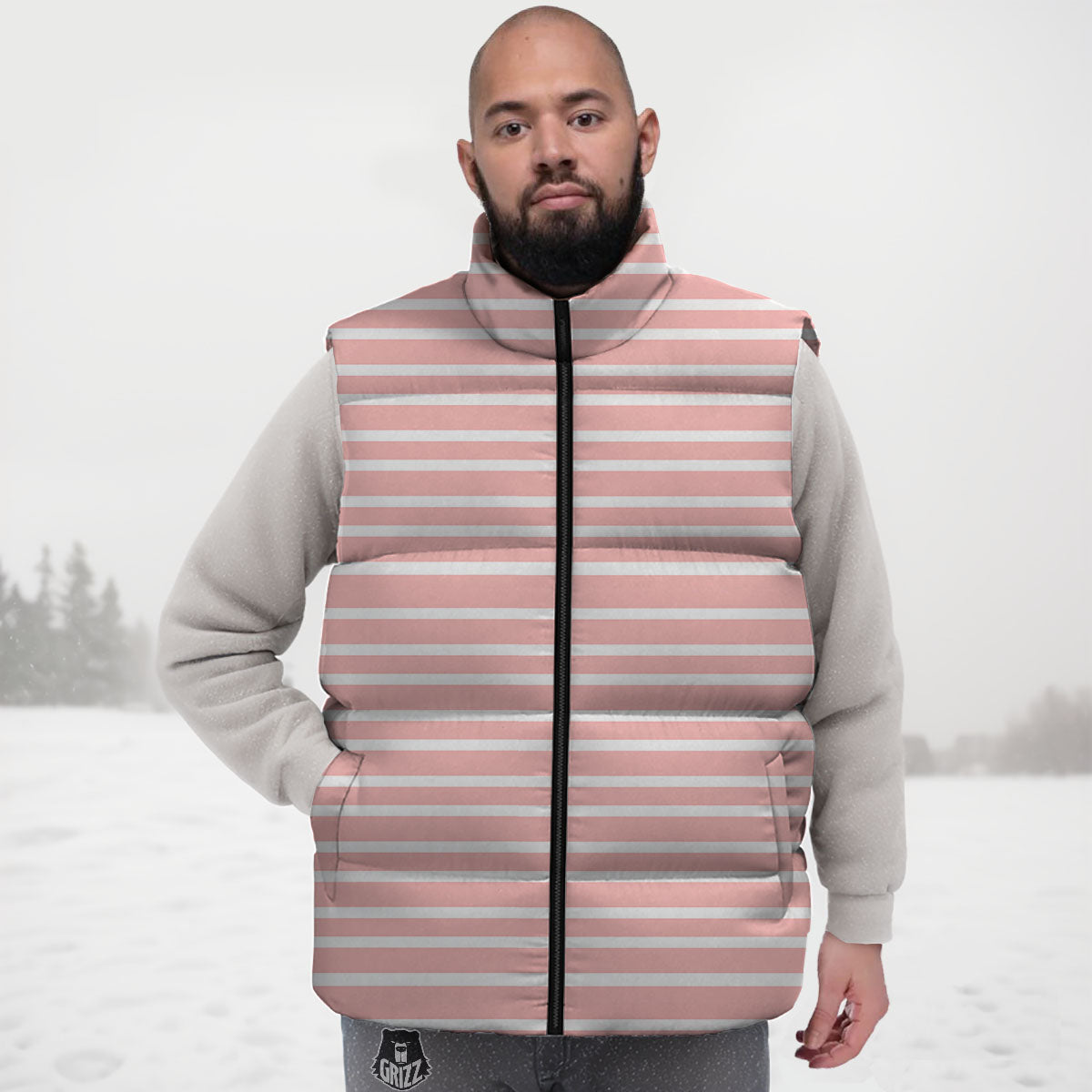 Striped White And Pink Print Pattern Down Vest