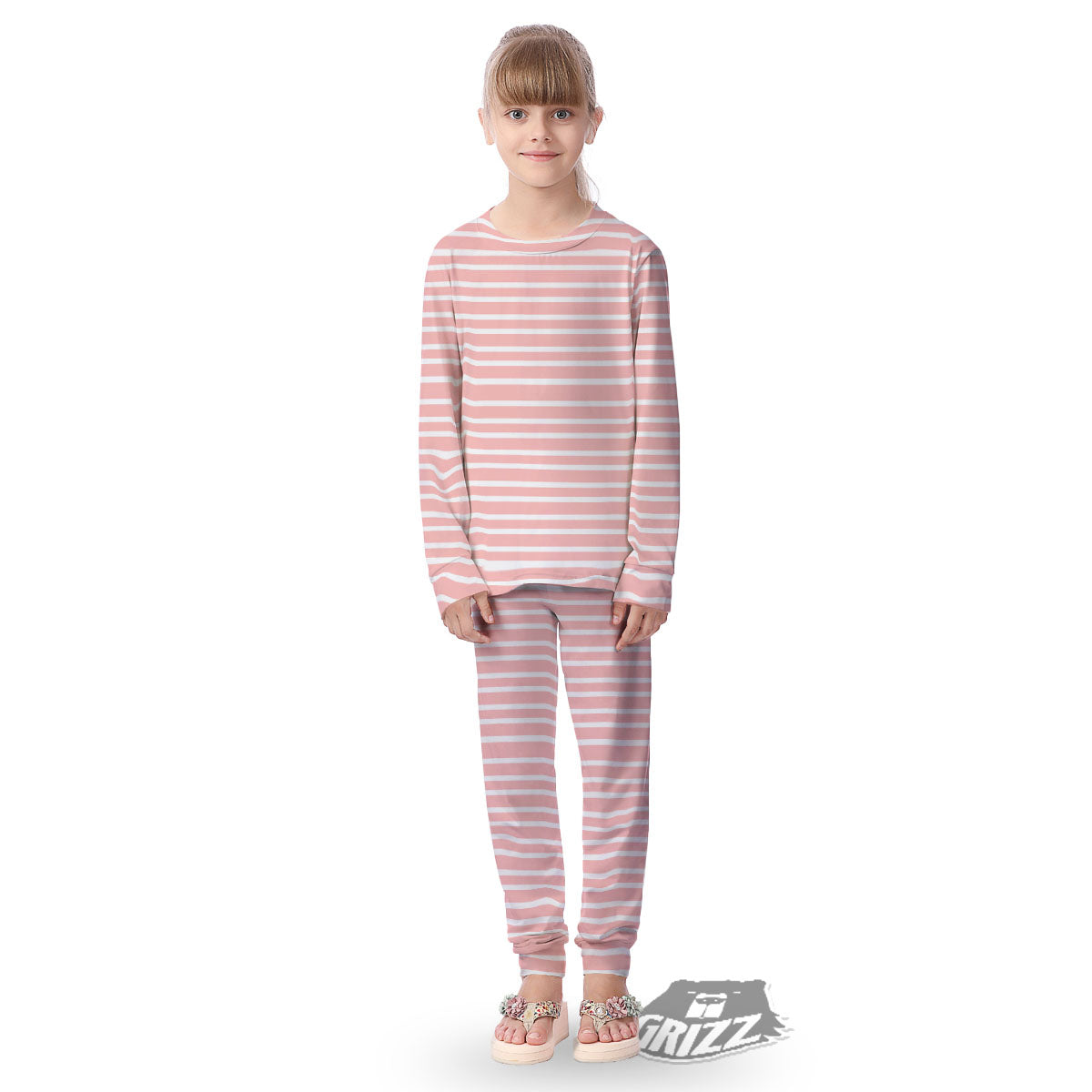 Striped White And Pink Print Pattern Kid's Pajamas-grizzshop