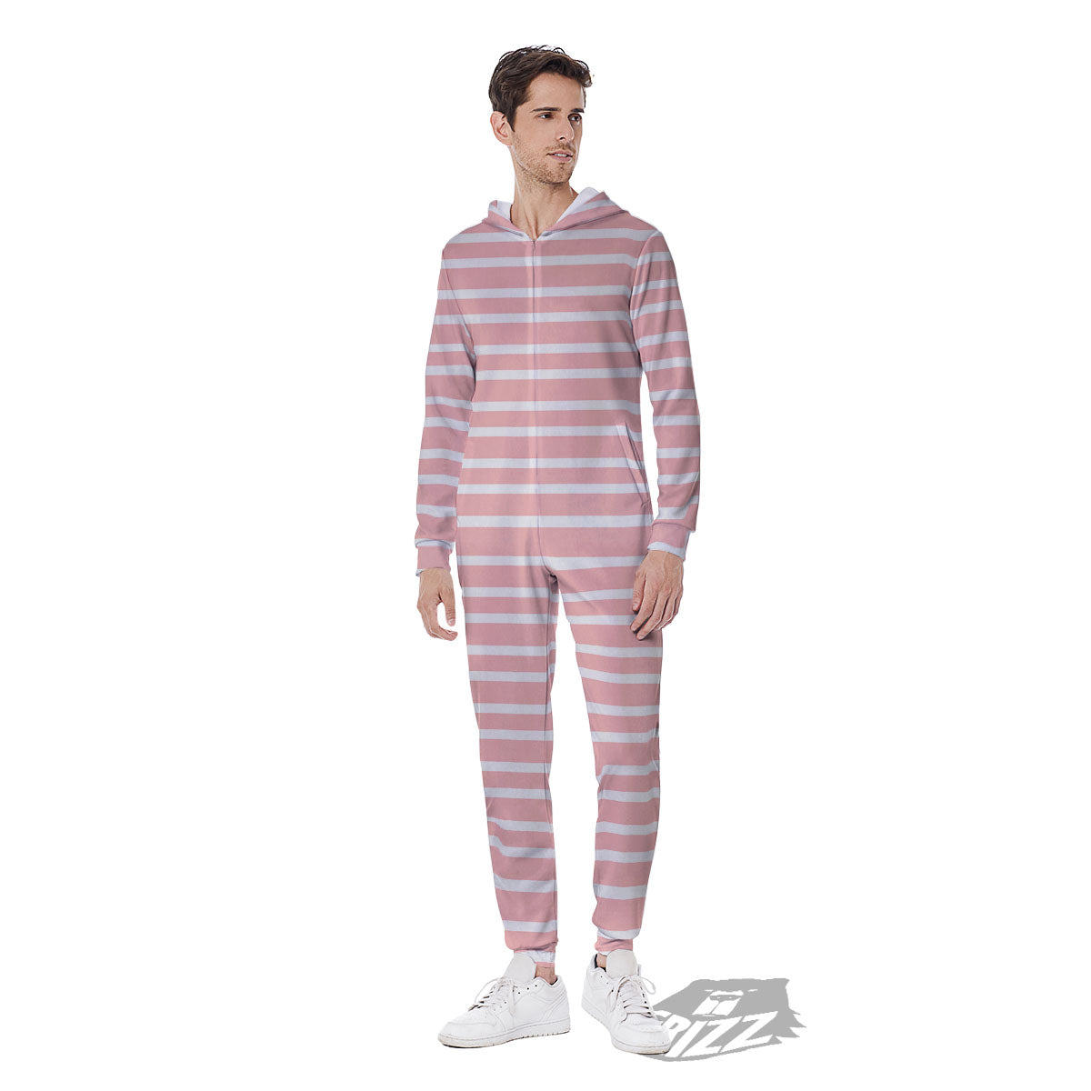 Striped White And Pink Print Pattern Men's Jumpsuit-grizzshop