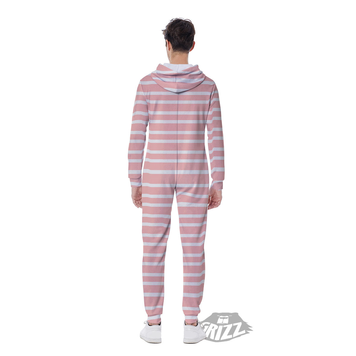 Striped White And Pink Print Pattern Men's Jumpsuit-grizzshop