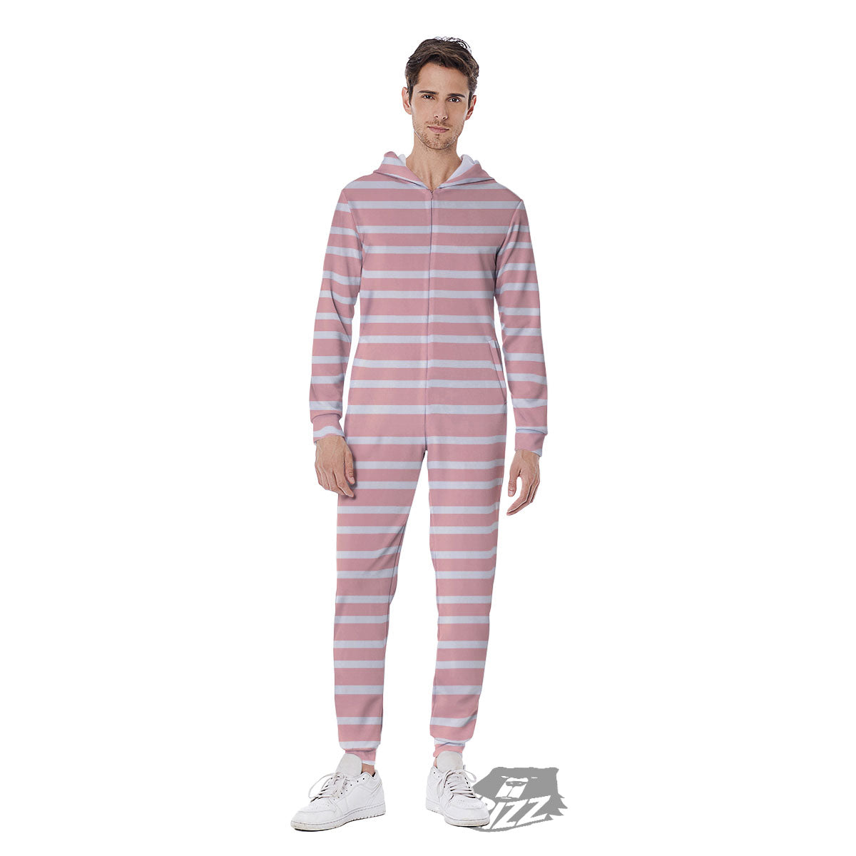 Striped White And Pink Print Pattern Men's Jumpsuit-grizzshop