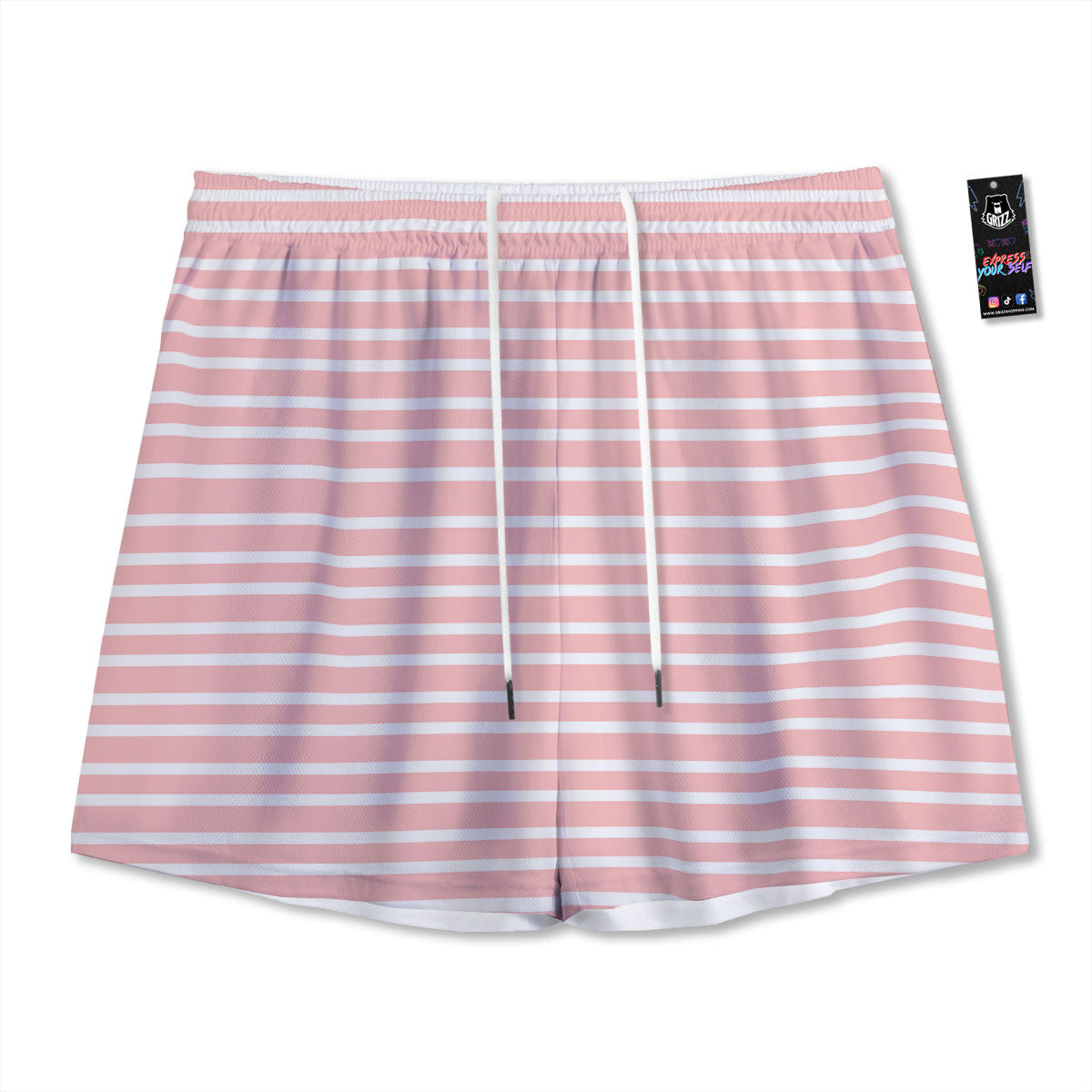 Striped White And Pink Print Pattern Mesh Shorts