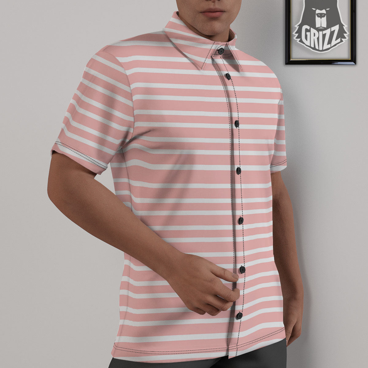 Striped White And Pink Print Pattern Untucked Shirts-grizzshop