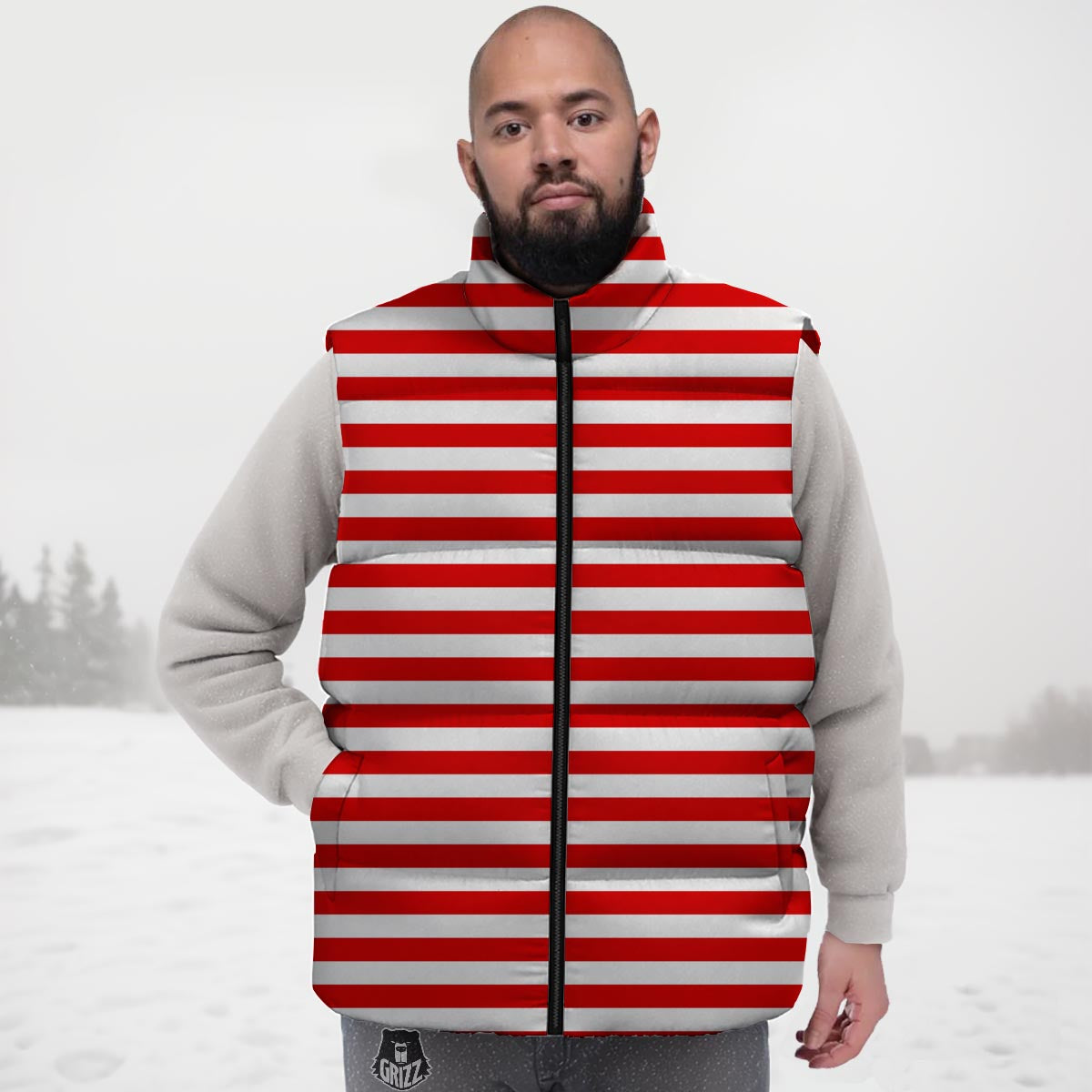 Striped White And Red Print Pattern Down Vest