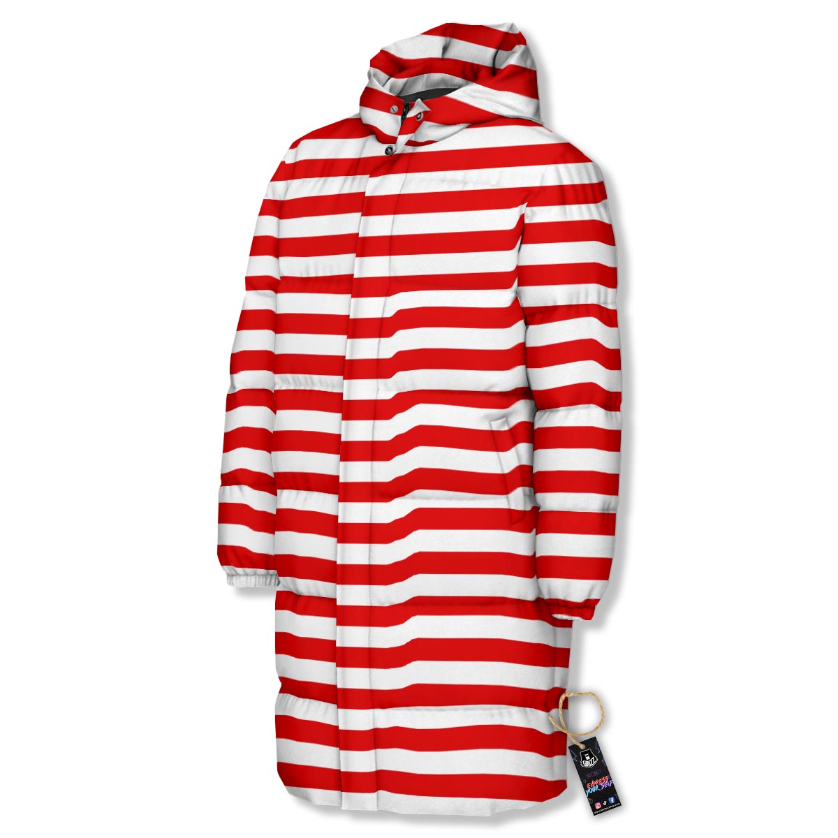 Striped White And Red Print Pattern Long Down Jacket-grizzshop