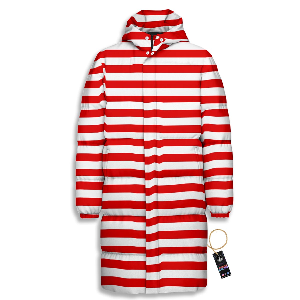Striped White And Red Print Pattern Long Down Jacket-grizzshop