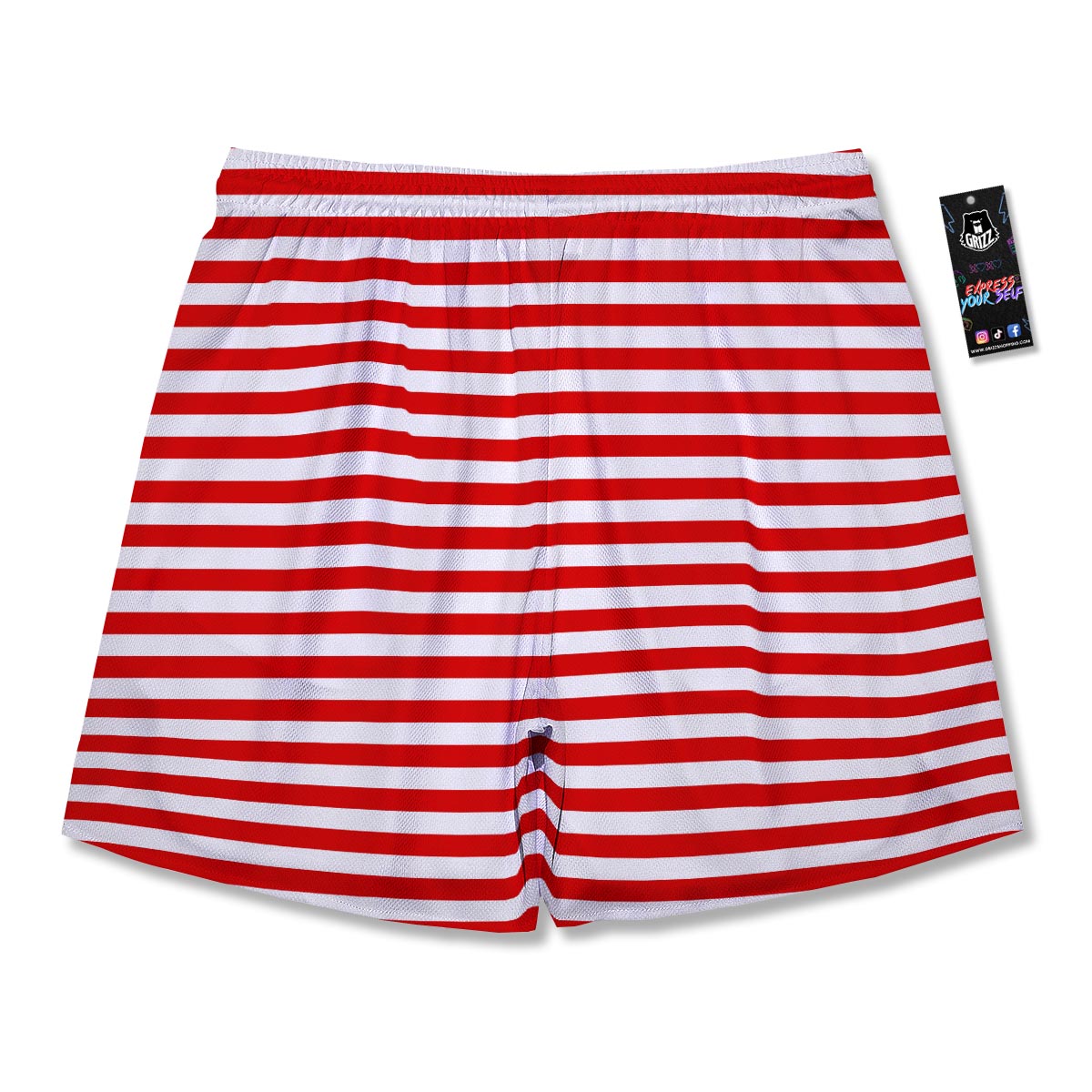 Red and white store striped running shorts