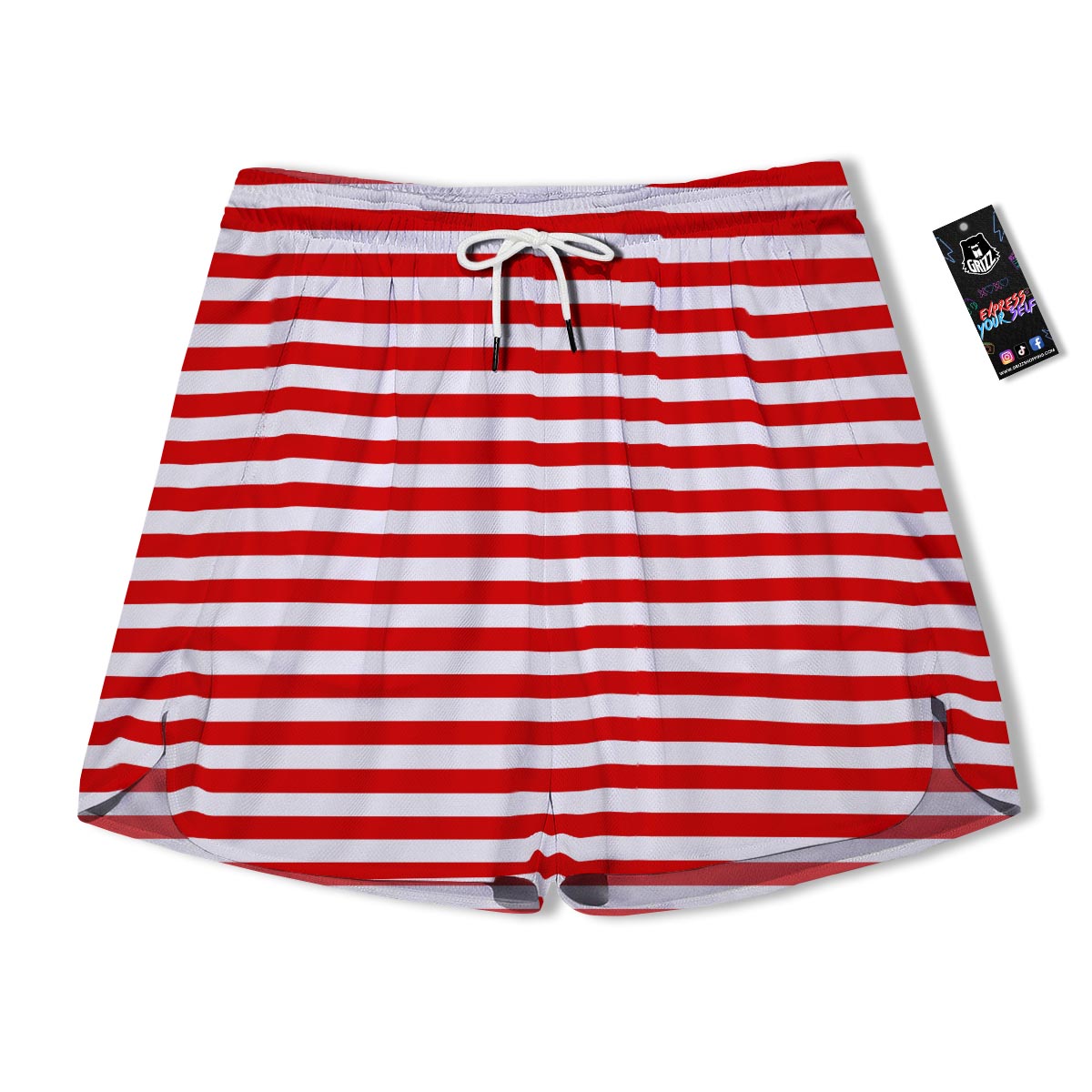 Red and white 2025 striped running shorts