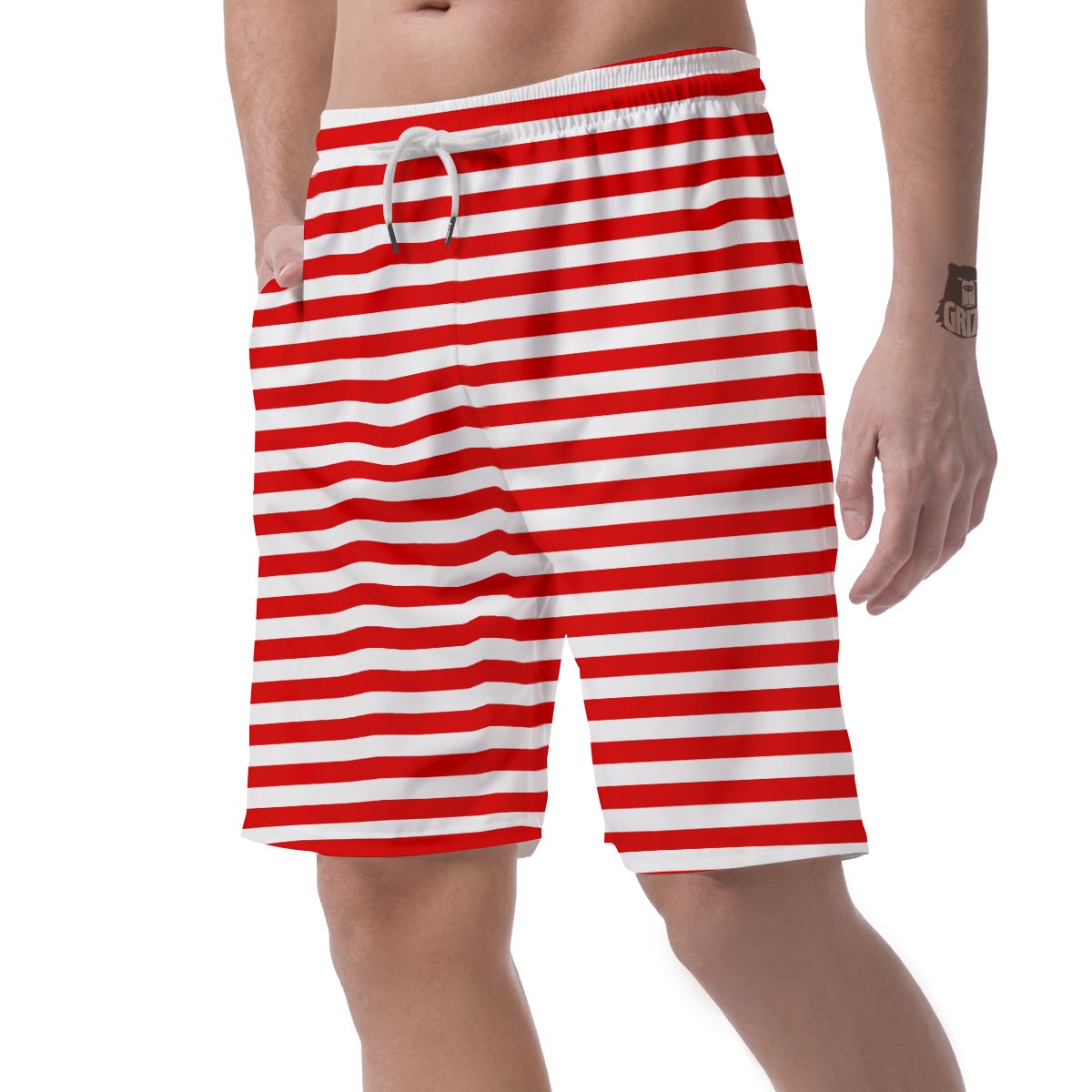 Striped White And Red Print Pattern Men's Shorts-grizzshop