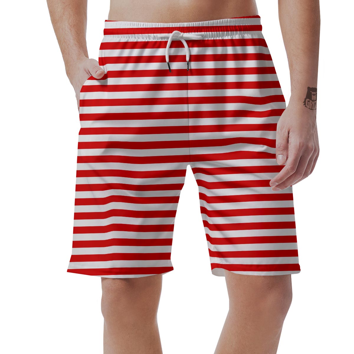 Striped White And Red Print Pattern Men's Shorts-grizzshop