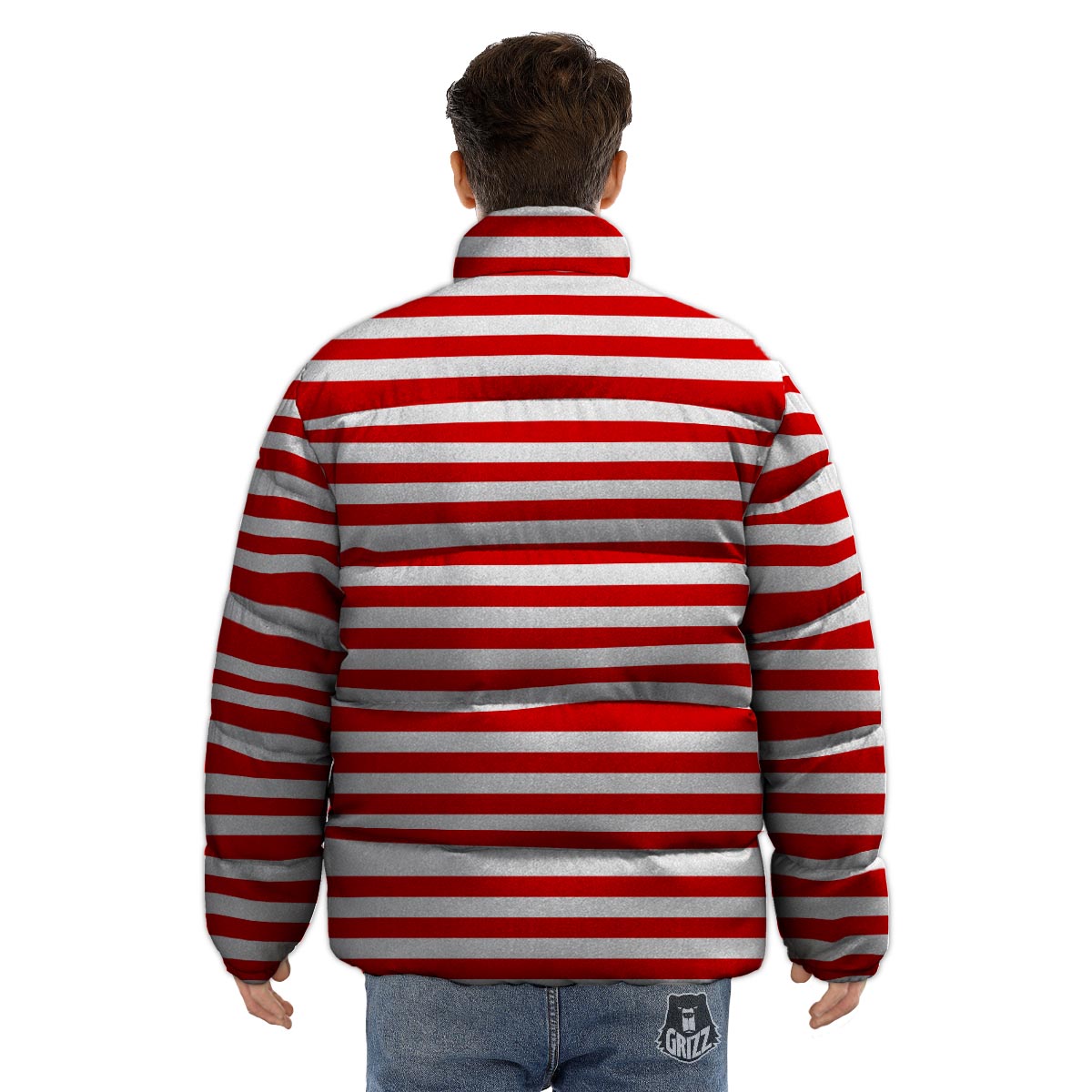 Striped White And Red Print Pattern Puffer Jacket-grizzshop
