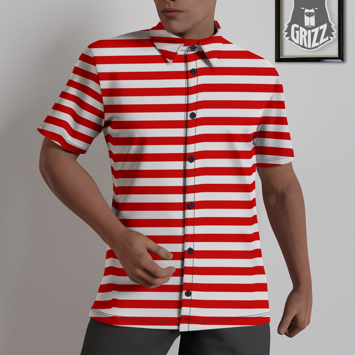 Striped White And Red Print Pattern Untucked Shirts-grizzshop