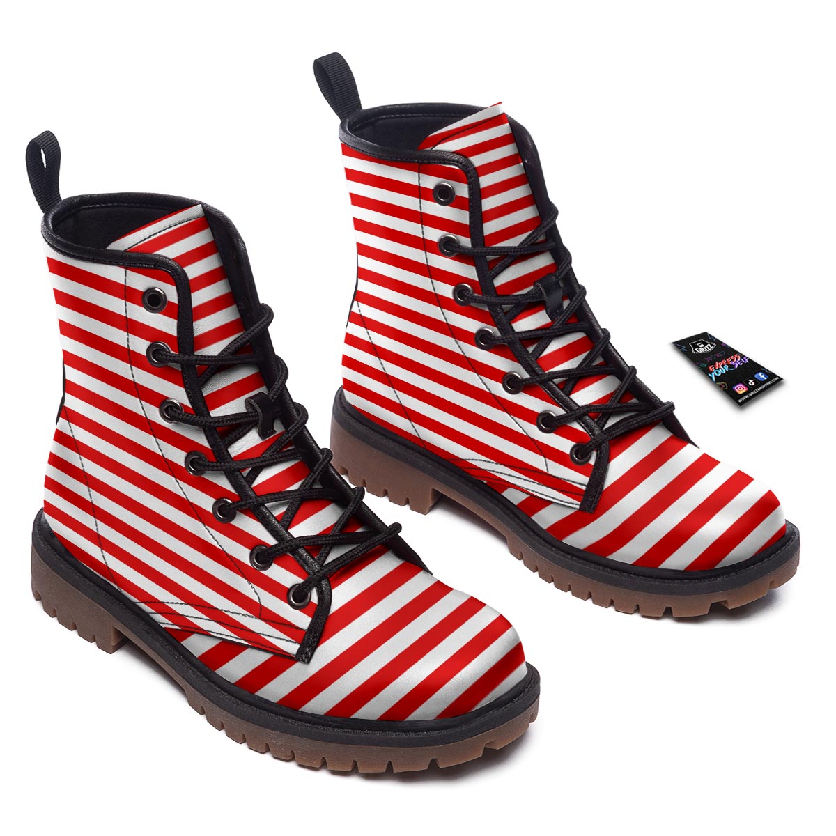 Striped White And Red Print Pattern Work Boots-grizzshop