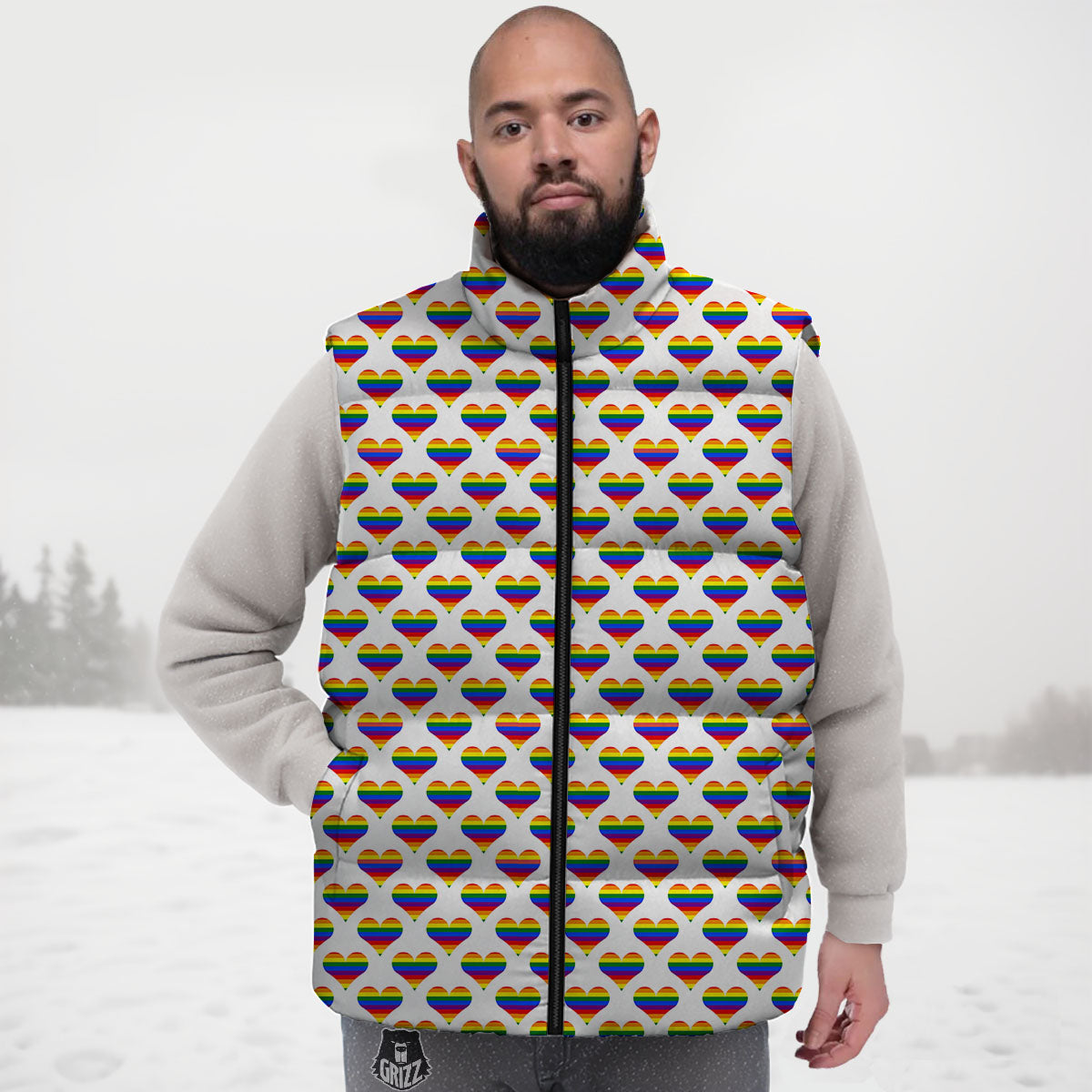 Striped White Heart On L G B T Pride Print Pattern Down Vest