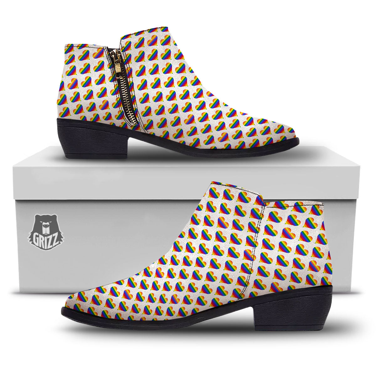 Striped White Heart On LGBT Pride Print Pattern Ankle Boots-grizzshop