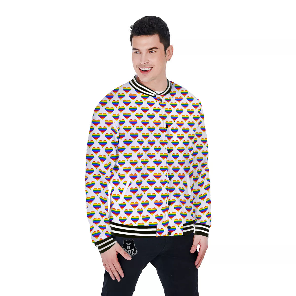 Striped White Heart On LGBT Pride Print Pattern Baseball Jacket-grizzshop