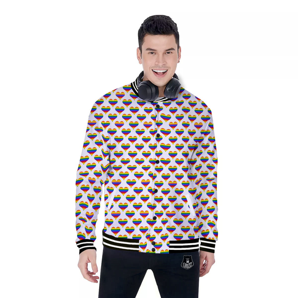 Striped White Heart On LGBT Pride Print Pattern Baseball Jacket-grizzshop