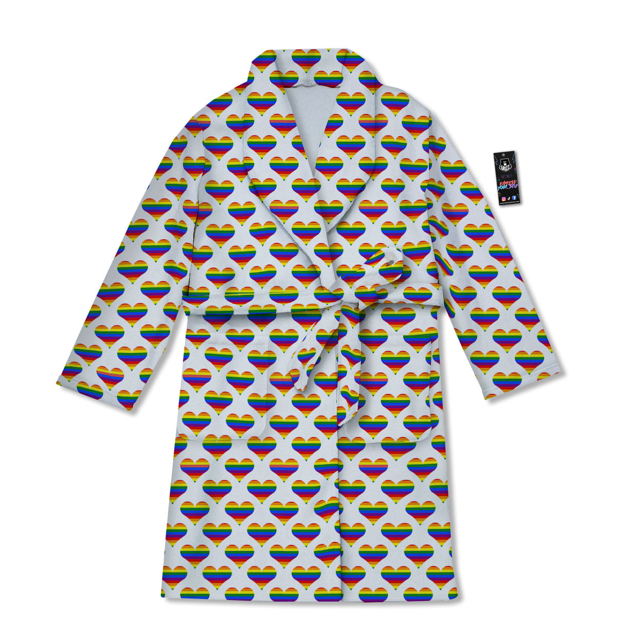 Striped White Heart On LGBT Pride Print Pattern Bathrobe-grizzshop