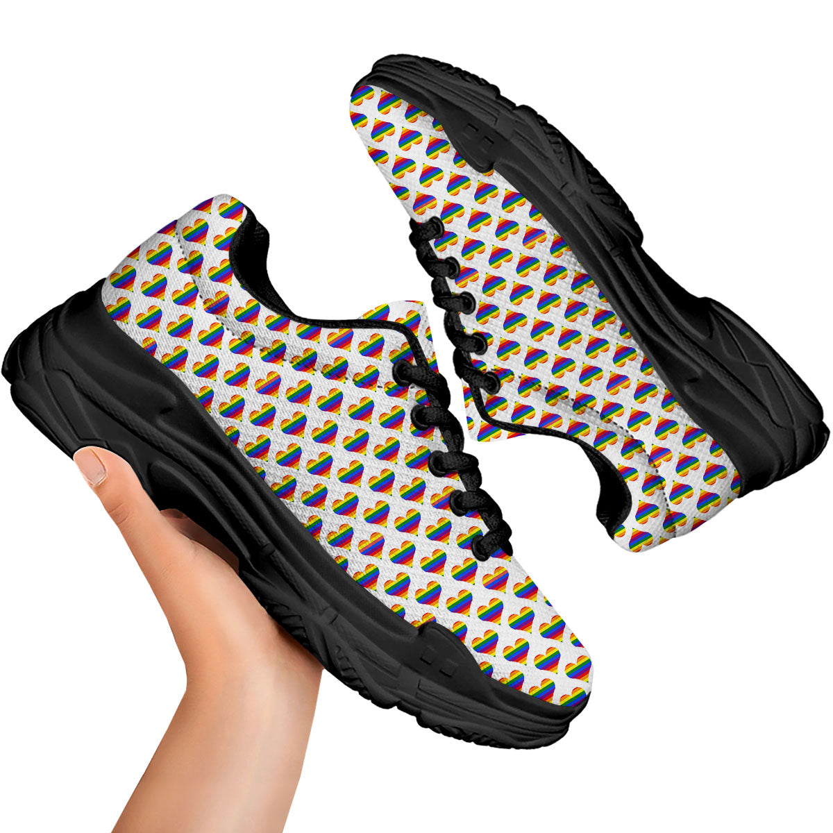 Striped White Heart On LGBT Pride Print Pattern Black Chunky Shoes-grizzshop